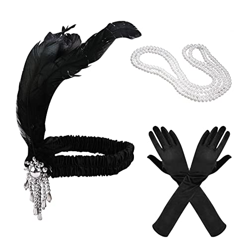 TSLBW 4 Stück 1920s Kostüm Damen Flapper Accessoires Set 20er Jahre Accessoires 20er Jahre Zubehör Set 1920er Flapper Great Gatsby Accessoires Set Inklusive Stirnband Halskette Handschuhe von TSLBW