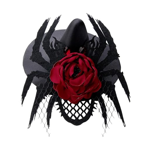 TSMORY Halloween Kopfschmuck Dunkler Hexenhut Haarspange Große Rose Haarnadel mit Tüll Spiderling Kristall für Mädchen Jungen von TSMORY