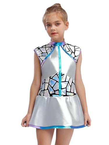 TSSOE Alien Kostüm Mädchen Metallic Kleider ärmellos Ballettkleid Tanzkleid Weltall Astronauten Verkleidung Halloween Fasching Cosplay Outfits Silber 134-140 von TSSOE