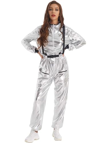 TSSOE Astronauten kostüm damen Silber Metallic Jumpsuit Overalls Erwachsene Space girl Kostüm Raumfahrer Faschingskostüme Halloween Cosplay Silber A 3XL von TSSOE