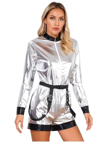TSSOE Astronauten kostüm damen Silber Metallic Jumpsuit Overalls Erwachsene Space girl Kostüm Raumfahrer Faschingskostüme Halloween Cosplay Silber M von TSSOE
