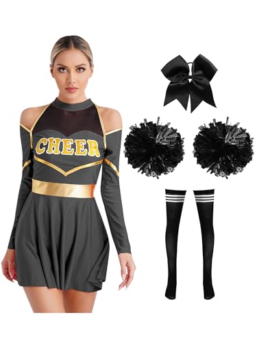 TSSOE Cheer-Leader Kostüm Damen Cheerleading Uniform Set Langarm Cheer Leadering Kleid+ Pompons+Haarband +Socken für Party Cosplay Karnevl Faschinga Schwarz A XXL TSSOE Cheer-Leader Kostüm Damen Cheerleading Uniform Set Langarm Cheer Leadering Kleid+ Pompons+Haarband +Socken für Party Cosplay Karnevl Faschinga Schwarz A XXL von TSSOE