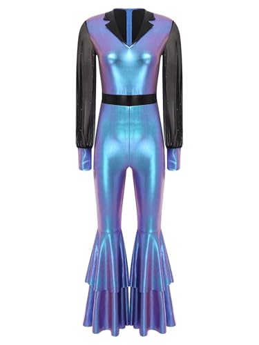 TSSOE Damen Glänzend Jumpsuit Langarm Ganzkörperanzug mit Schlaghose Vintage 70er 80er Disco Outfit Festliches Hippie Kostüm Karneval Party Farbverlauf Blau XXL TSSOE Damen Glänzend Jumpsuit Langarm Ganzkörperanzug mit Schlaghose Vintage 70er 80er Disco Outfit Festliches Hippie Kostüm Karneval Party Farbverlauf Blau XXL von TSSOE