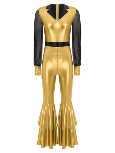 TSSOE Damen Glänzend Jumpsuit Langarm Ganzkörperanzug mit Schlaghose Vintage 70er 80er Disco Outfit Festliches Hippie Kostüm Karneval Party Gold M TSSOE Damen Glänzend Jumpsuit Langarm Ganzkörperanzug mit Schlaghose Vintage 70er 80er Disco Outfit Festliches Hippie Kostüm Karneval Party Gold M von TSSOE