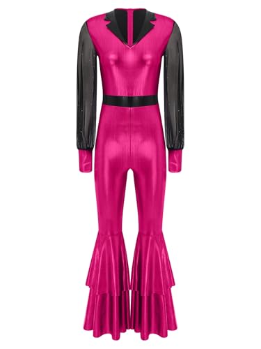 TSSOE Damen Glänzend Jumpsuit Langarm Ganzkörperanzug mit Schlaghose Vintage 70er 80er Disco Outfit Festliches Hippie Kostüm Karneval Party Hot Pink XXL TSSOE Damen Glänzend Jumpsuit Langarm Ganzkörperanzug mit Schlaghose Vintage 70er 80er Disco Outfit Festliches Hippie Kostüm Karneval Party Hot Pink XXL von TSSOE