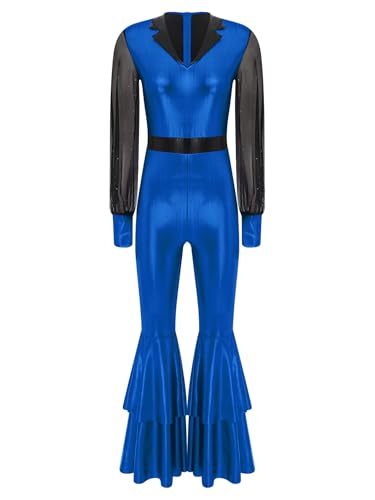 TSSOE Damen Glänzend Jumpsuit Langarm Ganzkörperanzug mit Schlaghose Vintage 70er 80er Disco Outfit Festliches Hippie Kostüm Karneval Party Königsblau XL TSSOE Damen Glänzend Jumpsuit Langarm Ganzkörperanzug mit Schlaghose Vintage 70er 80er Disco Outfit Festliches Hippie Kostüm Karneval Party Königsblau XL von TSSOE