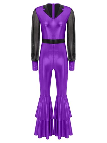 TSSOE Damen Glänzend Jumpsuit Langarm Ganzkörperanzug mit Schlaghose Vintage 70er 80er Disco Outfit Festliches Hippie Kostüm Karneval Party Violett L TSSOE Damen Glänzend Jumpsuit Langarm Ganzkörperanzug mit Schlaghose Vintage 70er 80er Disco Outfit Festliches Hippie Kostüm Karneval Party Violett L von TSSOE