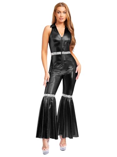 TSSOE Damen Glänzend Metallic Jumpsuit Overall mit Schlaghose 60er 70er Jahre Disco Karneval Faschingskostüme Performance Dancewear Schwarz XXL TSSOE Damen Glänzend Metallic Jumpsuit Overall mit Schlaghose 60er 70er Jahre Disco Karneval Faschingskostüme Performance Dancewear Schwarz XXL von TSSOE