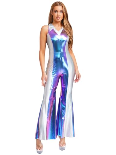 TSSOE Damen Metallic Body 70er 80er Disco Outfit Ärmellos Glänzend Tanzanzug mit Schlaghose Vintage Retro Hippe Kostüm Karneval Cosplay Party Blau XXL TSSOE Damen Metallic Body 70er 80er Disco Outfit Ärmellos Glänzend Tanzanzug mit Schlaghose Vintage Retro Hippe Kostüm Karneval Cosplay Party Blau XXL von TSSOE