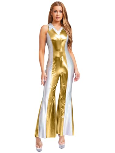 TSSOE Damen Metallic Body 70er 80er Disco Outfit Ärmellos Glänzend Tanzanzug mit Schlaghose Vintage Retro Hippe Kostüm Karneval Cosplay Party Gold S TSSOE Damen Metallic Body 70er 80er Disco Outfit Ärmellos Glänzend Tanzanzug mit Schlaghose Vintage Retro Hippe Kostüm Karneval Cosplay Party Gold S von TSSOE
