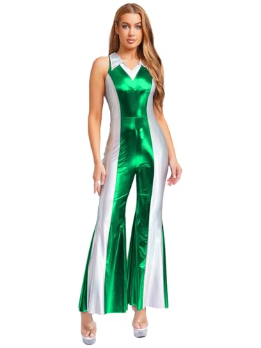 TSSOE Damen Metallic Body 70er 80er Disco Outfit Ärmellos Glänzend Tanzanzug mit Schlaghose Vintage Retro Hippe Kostüm Karneval Cosplay Party Grün L TSSOE Damen Metallic Body 70er 80er Disco Outfit Ärmellos Glänzend Tanzanzug mit Schlaghose Vintage Retro Hippe Kostüm Karneval Cosplay Party Grün L von TSSOE