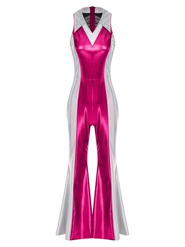 TSSOE Damen Metallic Body 70er 80er Disco Outfit Ärmellos Glänzend Tanzanzug mit Schlaghose Vintage Retro Hippe Kostüm Karneval Cosplay Party Hot Pink S TSSOE Damen Metallic Body 70er 80er Disco Outfit Ärmellos Glänzend Tanzanzug mit Schlaghose Vintage Retro Hippe Kostüm Karneval Cosplay Party Hot Pink S von TSSOE