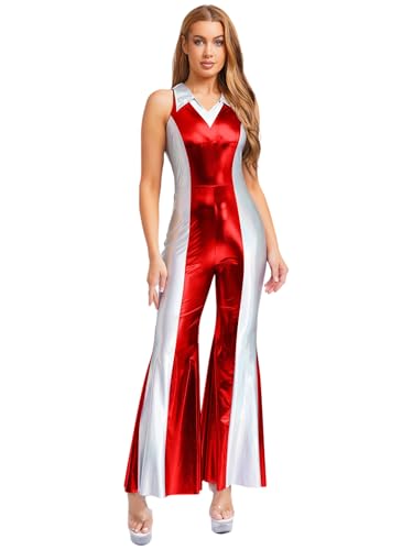 TSSOE Damen Metallic Body 70er 80er Disco Outfit Ärmellos Glänzend Tanzanzug mit Schlaghose Vintage Retro Hippe Kostüm Karneval Cosplay Party Rot L TSSOE Damen Metallic Body 70er 80er Disco Outfit Ärmellos Glänzend Tanzanzug mit Schlaghose Vintage Retro Hippe Kostüm Karneval Cosplay Party Rot L von TSSOE