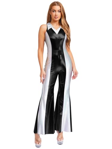 TSSOE Damen Metallic Body 70er 80er Disco Outfit Ärmellos Glänzend Tanzanzug mit Schlaghose Vintage Retro Hippe Kostüm Karneval Cosplay Party Schwarz S TSSOE Damen Metallic Body 70er 80er Disco Outfit Ärmellos Glänzend Tanzanzug mit Schlaghose Vintage Retro Hippe Kostüm Karneval Cosplay Party Schwarz S von TSSOE