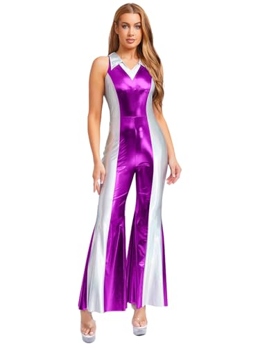 TSSOE Damen Metallic Body 70er 80er Disco Outfit Ärmellos Glänzend Tanzanzug mit Schlaghose Vintage Retro Hippe Kostüm Karneval Cosplay Party Violett XL TSSOE Damen Metallic Body 70er 80er Disco Outfit Ärmellos Glänzend Tanzanzug mit Schlaghose Vintage Retro Hippe Kostüm Karneval Cosplay Party Violett XL von TSSOE