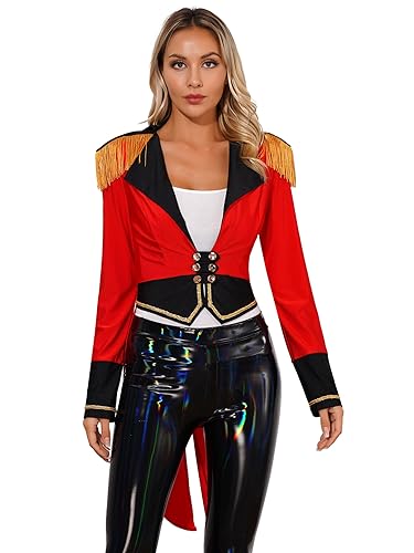 TSSOE Damen Zirkus Kostüm Langarm/Ärmellos Samt Fransen Jacke Vintage Blazer Stehkragen Mantel Ringmaster Karneval Fasching Cosplay Verkleidung Rot F S von TSSOE