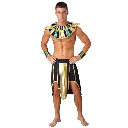 TSSOE Herren Pharaonen-Kostüm Zubehör Set Rock mit Gürtel Halskragen Armmanschetten Erwachsene Cosplay Halloween Kostüm Requisiten Schwarz D L von TSSOE