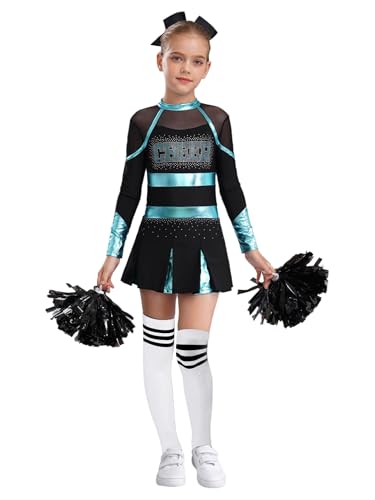 TSSOE Mädchen Cheerleading Kostüm Langarm Cheerkleid Schulmädchen Uniform Kleid mit Pompoms Socken Zubehör Halloween Kostüm Karneval Fasching Party Blau, Grün und Weiß 122-128 von TSSOE