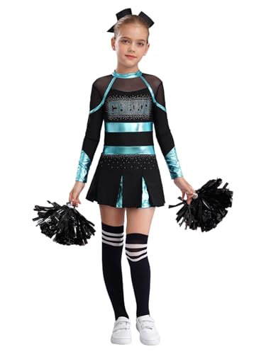 TSSOE Mädchen Cheerleading Kostüm Langarm Cheerkleid Schulmädchen Uniform Kleid mit Pompoms Socken Zubehör Halloween Kostüm Karneval Fasching Party Blau Grün & Schwarz 146-152 von TSSOE