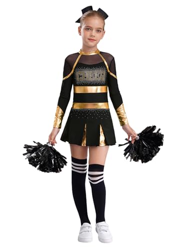 TSSOE Mädchen Cheerleading Kostüm Langarm Cheerkleid Schulmädchen Uniform Kleid mit Pompoms Socken Zubehör Halloween Kostüm Karneval Fasching Party Gold & Schwarz 146-152 von TSSOE
