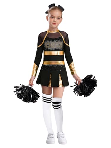 TSSOE Mädchen Cheerleading Kostüm Langarm Cheerkleid Schulmädchen Uniform Kleid mit Pompoms Socken Zubehör Halloween Kostüm Karneval Fasching Party Gold und Weiß 146-152 von TSSOE