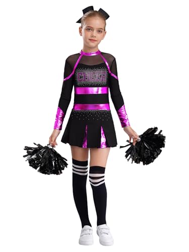 TSSOE Mädchen Cheerleading Kostüm Langarm Cheerkleid Schulmädchen Uniform Kleid mit Pompoms Socken Zubehör Halloween Kostüm Karneval Fasching Party Hot Pink & Schwarz 146-152 von TSSOE