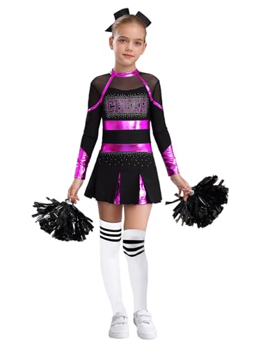 TSSOE Mädchen Cheerleading Kostüm Langarm Cheerkleid Schulmädchen Uniform Kleid mit Pompoms Socken Zubehör Halloween Kostüm Karneval Fasching Party Pink und Weiß 146-152 von TSSOE