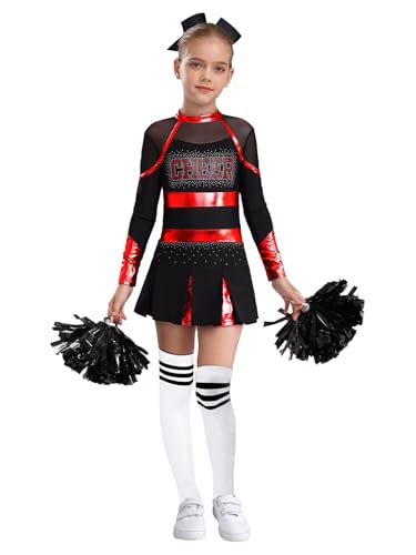 TSSOE Mädchen Cheerleading Kostüm Langarm Cheerkleid Schulmädchen Uniform Kleid mit Pompoms Socken Zubehör Halloween Kostüm Karneval Fasching Party Rot-Weiss 122-128 von TSSOE