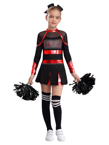 TSSOE Mädchen Cheerleading Kostüm Langarm Cheerkleid Schulmädchen Uniform Kleid mit Pompoms Socken Zubehör Halloween Kostüm Karneval Fasching Party Rot schwarz 170 von TSSOE