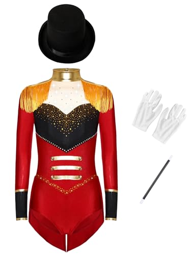 TSSOE Zirkus Kostüm Mädchen Langarm Pailletten Tanzbody Patchwork Trikotanzug Mit Hut Handschuhe Zauberstab Halloween Fasching Performance Outfit Burgund 170 von TSSOE