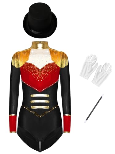 TSSOE Zirkus Kostüm Mädchen Langarm Pailletten Tanzbody Patchwork Trikotanzug Mit Hut Handschuhe Zauberstab Halloween Fasching Performance Outfit Schwarz 110-116 von TSSOE