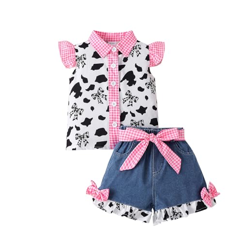 TTAO Baby Mädchen kleidung Set Cowgirl Verkleidung Kurzarmhemd + Jeans Shorts Neugeborenes Halloween Karneval Outfit Set Gr. 86-116 Rosa Schleife 110-116 von TTAO