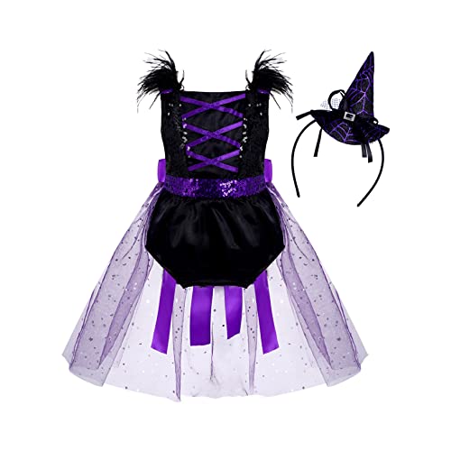 TTAO Baby mädchen Hexenkostüm, Karneval Fasching Bekleidung 3-teiliges Kleinkind Halloween Kostüm Deluxe Set Violett 68-74 von TTAO