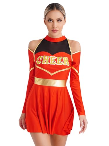 TTAO Cheer leader Kostüm Damen Uniform Cheerleaderkostüm Kleid mit Pompons für Halloween Fasching Karneval Rot A XL von TTAO