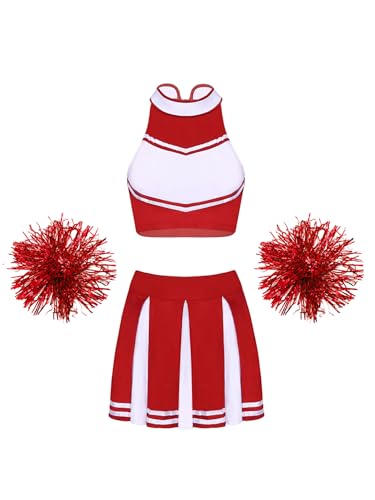 TTAO Cheerleading Kostüm Damen Sexy Cheer Leader Uniform ärmellose Bauchfrei Crop Top und Minirock mit/ohne Socken Blume Halloween Fasching Kostüm B Rot S von TTAO