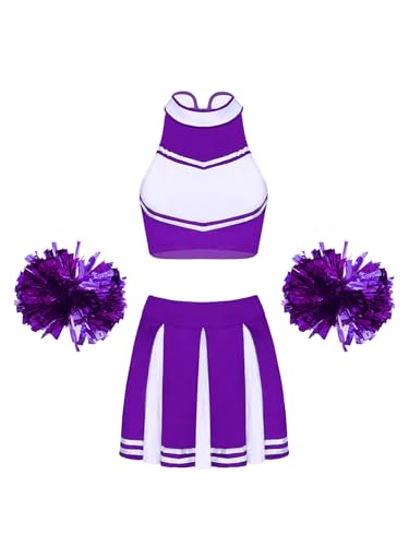 TTAO Cheerleading Kostüm Damen Sexy Cheer Leader Uniform ärmellose Bauchfrei Crop Top und Minirock mit/ohne Socken Blume Halloween Fasching Kostüm C Lila S von TTAO