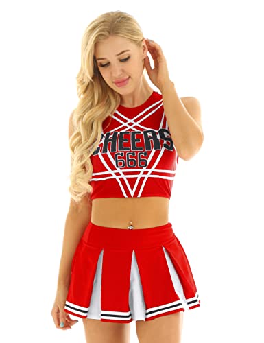 TTAO Cheerleading Kostüm Damen Sexy Cheer Leader Uniform ärmellose Bauchfrei Crop Top und Minirock mit/ohne Socken Blume Halloween Fasching Kostüm Rot C XXL von TTAO