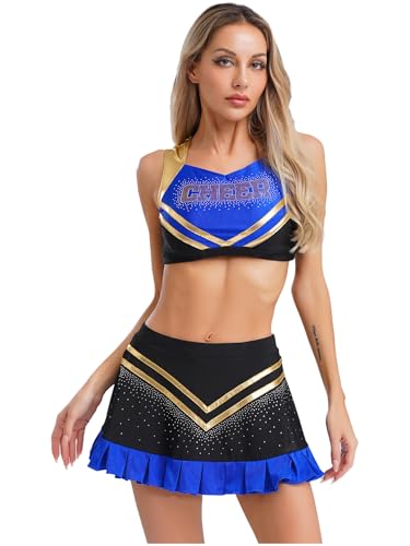 TTAO Cheerleading Kostüm Damen Wetlook Cheer Leader Uniform ärmellose Bauchfrei Crop Top Mit Minirock Halloween Fasching Kostüm Königsblau XL TTAO Cheerleading Kostüm Damen Wetlook Cheer Leader Uniform ärmellose Bauchfrei Crop Top Mit Minirock Halloween Fasching Kostüm Königsblau XL von TTAO