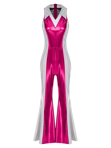 TTAO Damen 70er 80er Disco Kostüm Ärmellos Ganzkörperanzug Jumpsuit mit Schlaghose Vintage Festliches Outfit Karneval Halloween Faschingskostüme Hot Pink XXL TTAO Damen 70er 80er Disco Kostüm Ärmellos Ganzkörperanzug Jumpsuit mit Schlaghose Vintage Festliches Outfit Karneval Halloween Faschingskostüme Hot Pink XXL von TTAO