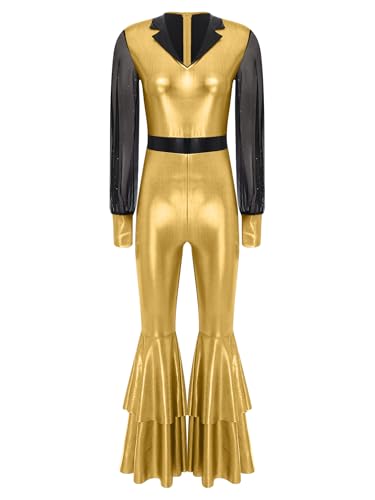 TTAO Damen 70er 80er Disco Kostüm Jumpsuit Langarm Ganzkörperanzug mit Schlaghose Vintage Festliches Overall Für Karneval Cosplay Party Gold XXL TTAO Damen 70er 80er Disco Kostüm Jumpsuit Langarm Ganzkörperanzug mit Schlaghose Vintage Festliches Overall Für Karneval Cosplay Party Gold XXL von TTAO