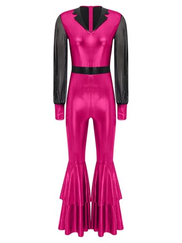 TTAO Damen 70er 80er Disco Kostüm Jumpsuit Langarm Ganzkörperanzug mit Schlaghose Vintage Festliches Overall Für Karneval Cosplay Party Hot Pink XXL TTAO Damen 70er 80er Disco Kostüm Jumpsuit Langarm Ganzkörperanzug mit Schlaghose Vintage Festliches Overall Für Karneval Cosplay Party Hot Pink XXL von TTAO