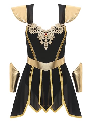 TTAO Damen Antike Griechisch Römische Kostüm Krigerin Toga Umhang Kleid mit Armbändern Gold Halloween Fasching Karneval Cosplay Verkleidung S-XL Schwarz M von TTAO