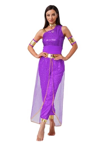 TTAO Damen Arabische Prinzessin Kostüm Pailletten Bauchtanz Overall Rollenspiel Verkleidung Halloween Karneval Fasching Tanzkostüm Lila XL von TTAO