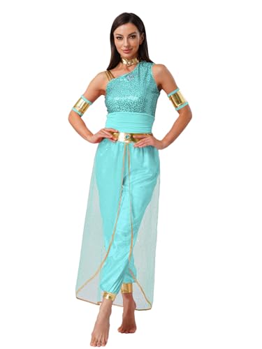 TTAO Damen Arabische Prinzessin Kostüm Pailletten Bauchtanz Overall Rollenspiel Verkleidung Halloween Karneval Fasching Tanzkostüm Mintgrün XXL von TTAO