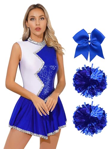 TTAO Damen Cheer Leader Kostüm Set Mit Pom Tanzkostüm Set Cheerleading Uniform Halloween Tanzkleidungset Festlich Karneval Faschings Blau L TTAO Damen Cheer Leader Kostüm Set Mit Pom Tanzkostüm Set Cheerleading Uniform Halloween Tanzkleidungset Festlich Karneval Faschings Blau L von TTAO