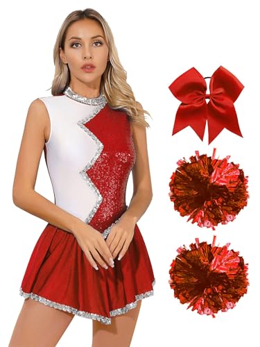 TTAO Damen Cheer Leader Kostüm Set Mit Pom Tanzkostüm Set Cheerleading Uniform Halloween Tanzkleidungset Festlich Karneval Faschings Rot XL TTAO Damen Cheer Leader Kostüm Set Mit Pom Tanzkostüm Set Cheerleading Uniform Halloween Tanzkleidungset Festlich Karneval Faschings Rot XL von TTAO