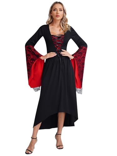 TTAO Halloween Kostüm Damen Mittelalter Gothic Kleid mit Kapuze A-Linie Schnürkleid Renaissance Cosplay Party Hexen Umhänge Party Karneval Kleidung Schwarz Rot A 5XL von TTAO