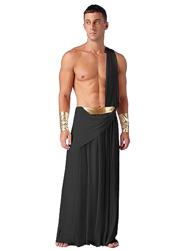 TTAO Herren Ancient Greek God Toga Kostüm Ein Schulter Rüschenrock Griechische Rollenspiel Erwachsenekostüm Schwarz E 3XL von TTAO