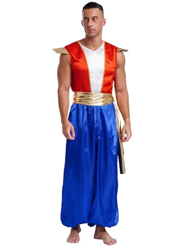 TTAO Herren Arabischer Prinz Kostüm Orient Flaschengeist Mottoparty Themen Party Verkleidung Männer Satin Overall Araber Kostüm Halloween Blau L von TTAO