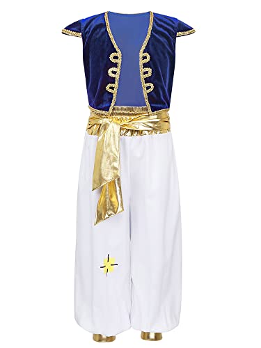 TTAO Kinder Junge Arabischer Prinz Kostüm HalloweenFasching Karneval Verkleidung Ärmellose Weste Tops + Pants + Gürtel Outfits Set Königsblau 152-164 von TTAO